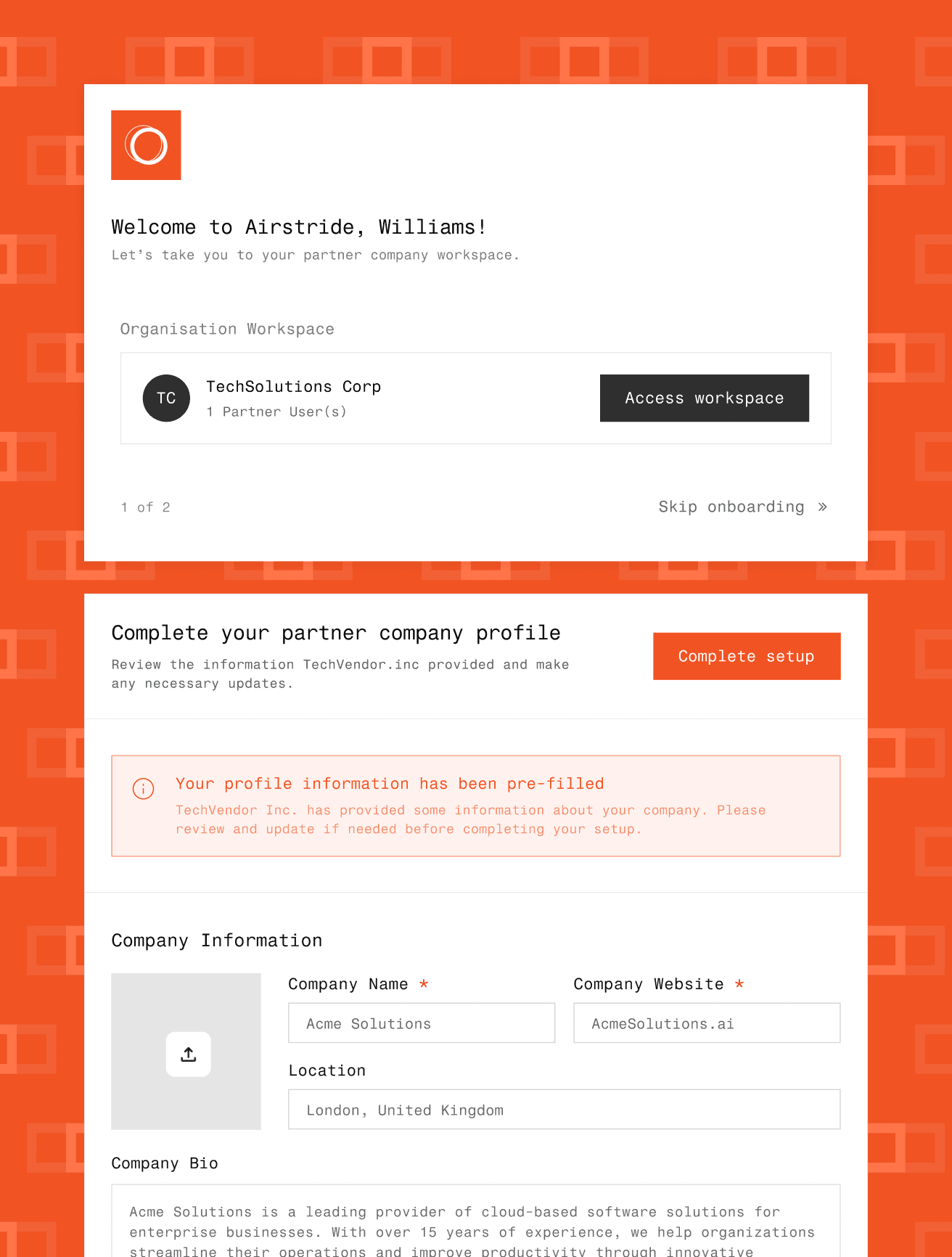 Partner onboarding workspace showing a partner completing their company profile
