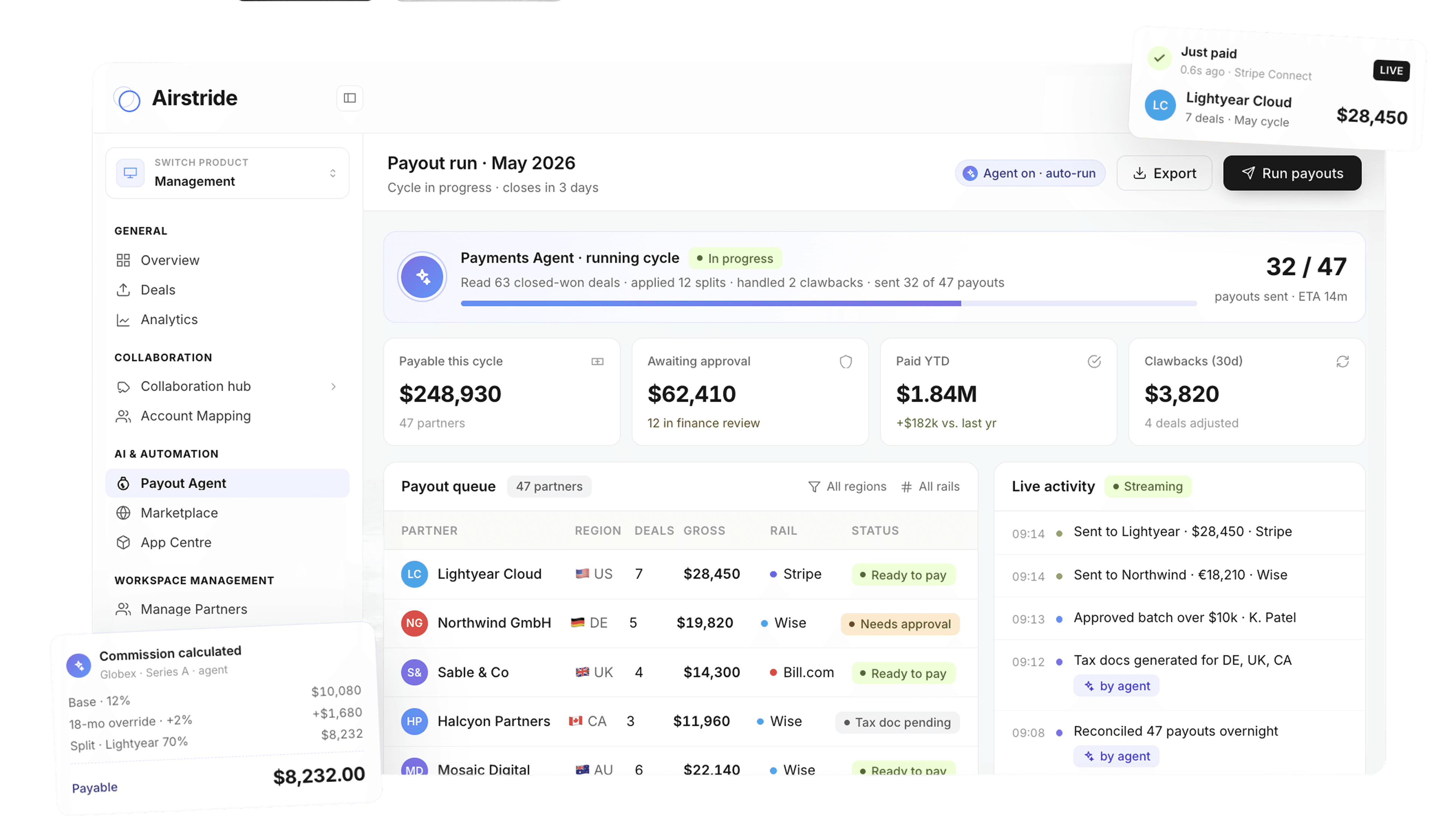 Partner Payments Agent dashboard showing commissions calculated and payouts scheduled.