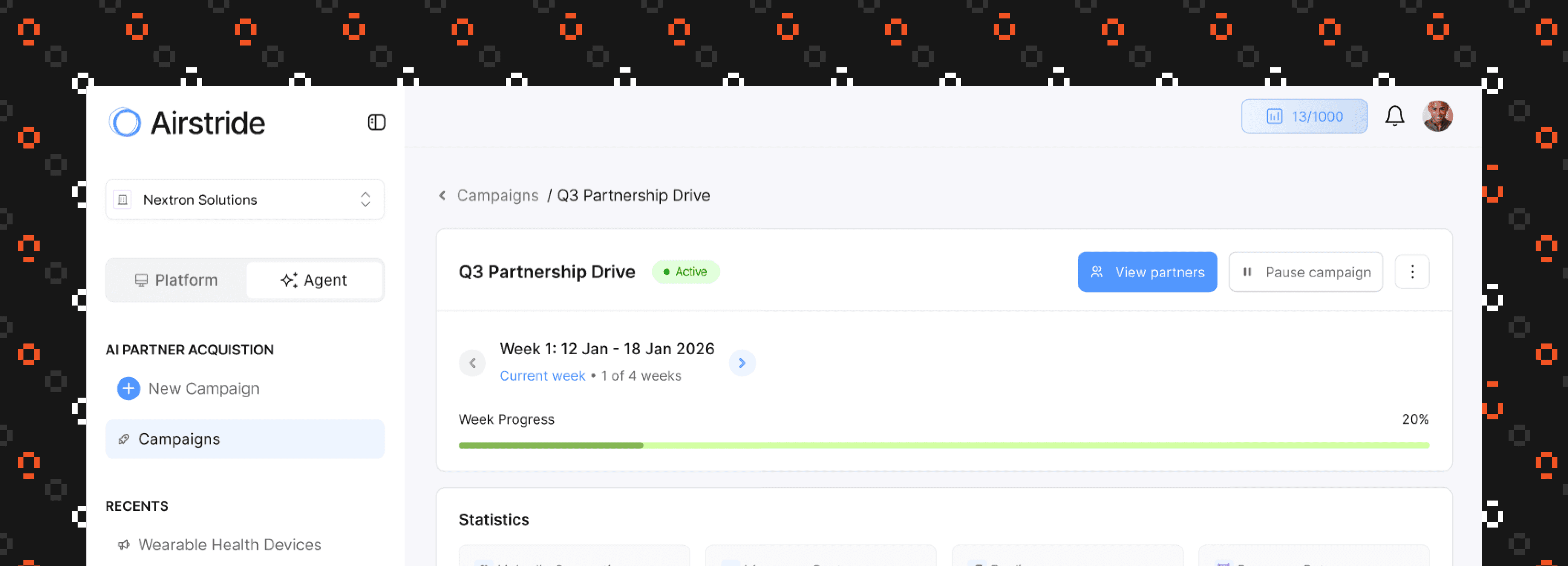 Airstride showing Analytics of a partner company.